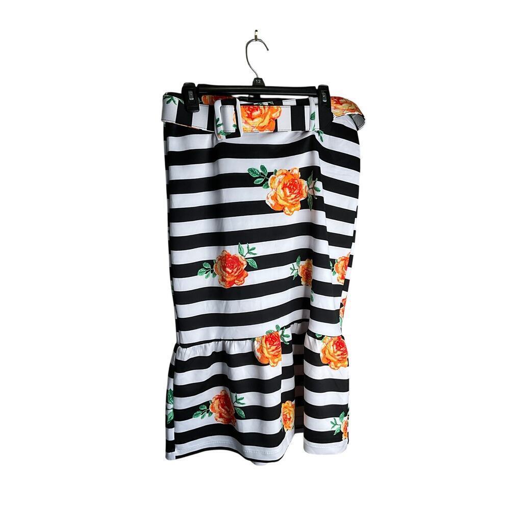 NY and Company Midi Floral Skirt Tiered Striped Belted Womens Size Large NWT‎